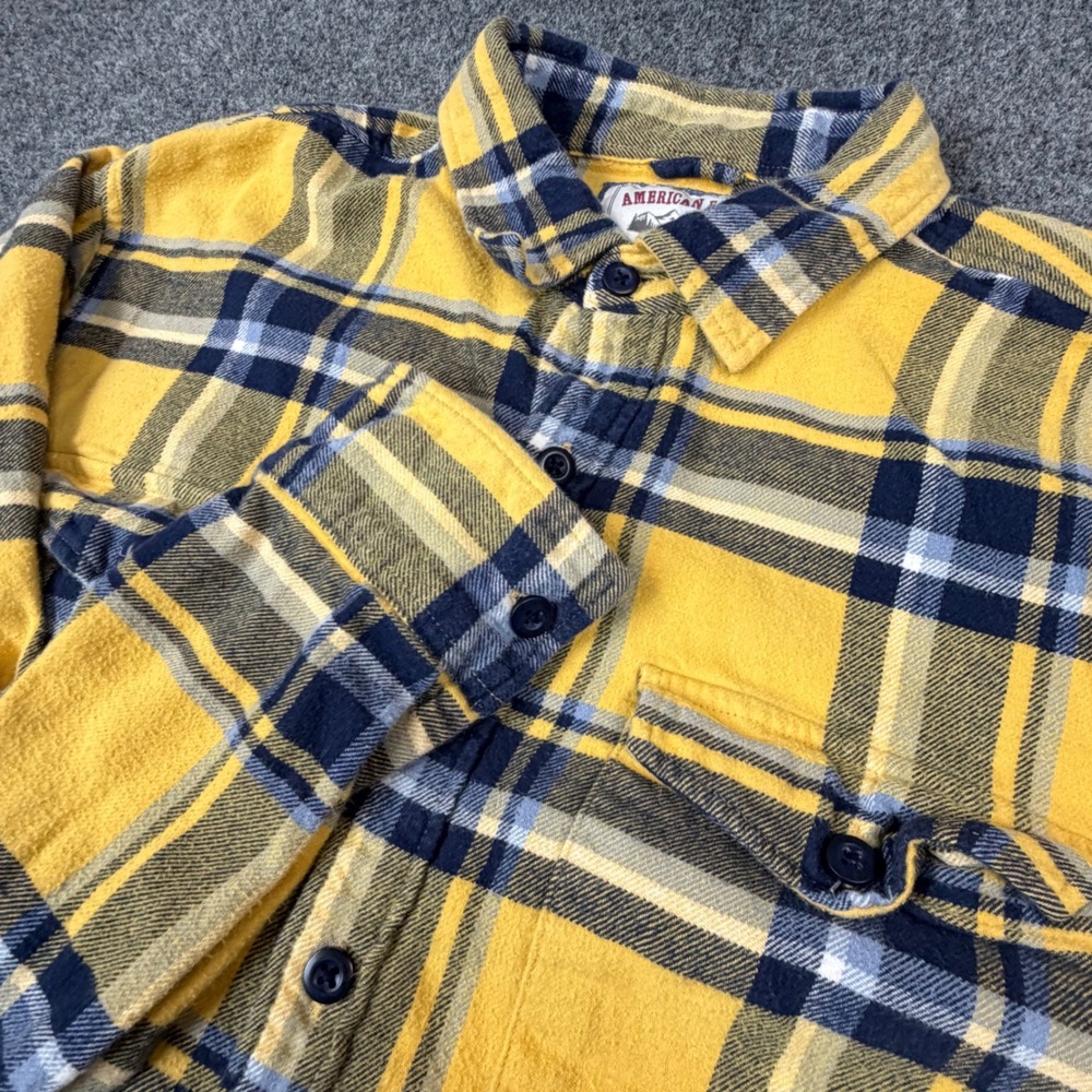 American Eagle Mens Size Large Flannel Shirt Yellow Navy Blue‎ Plaid Button Down